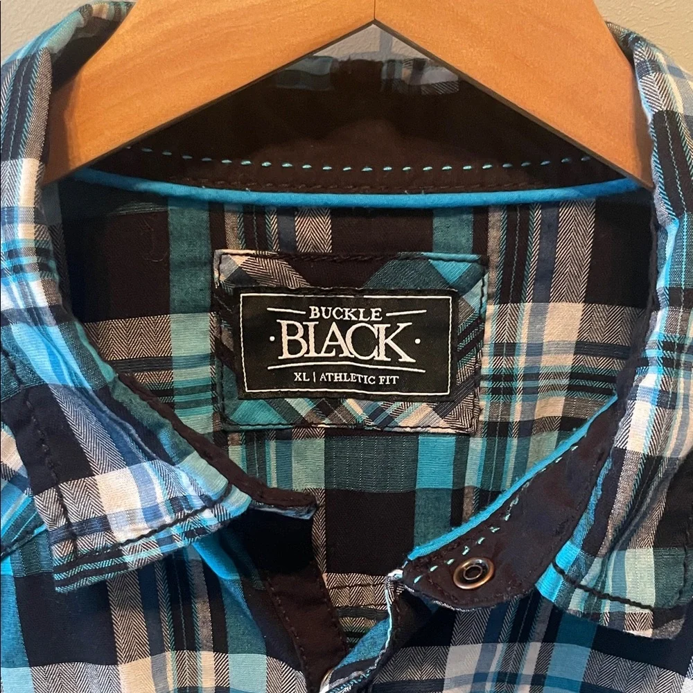 Buckle Black Mens Button Plaid Shirt in black, white and teal size XL